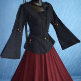 Long-sleeve Lace-up Blouse (Black, Natural, Red, Green, Blue) - 1220