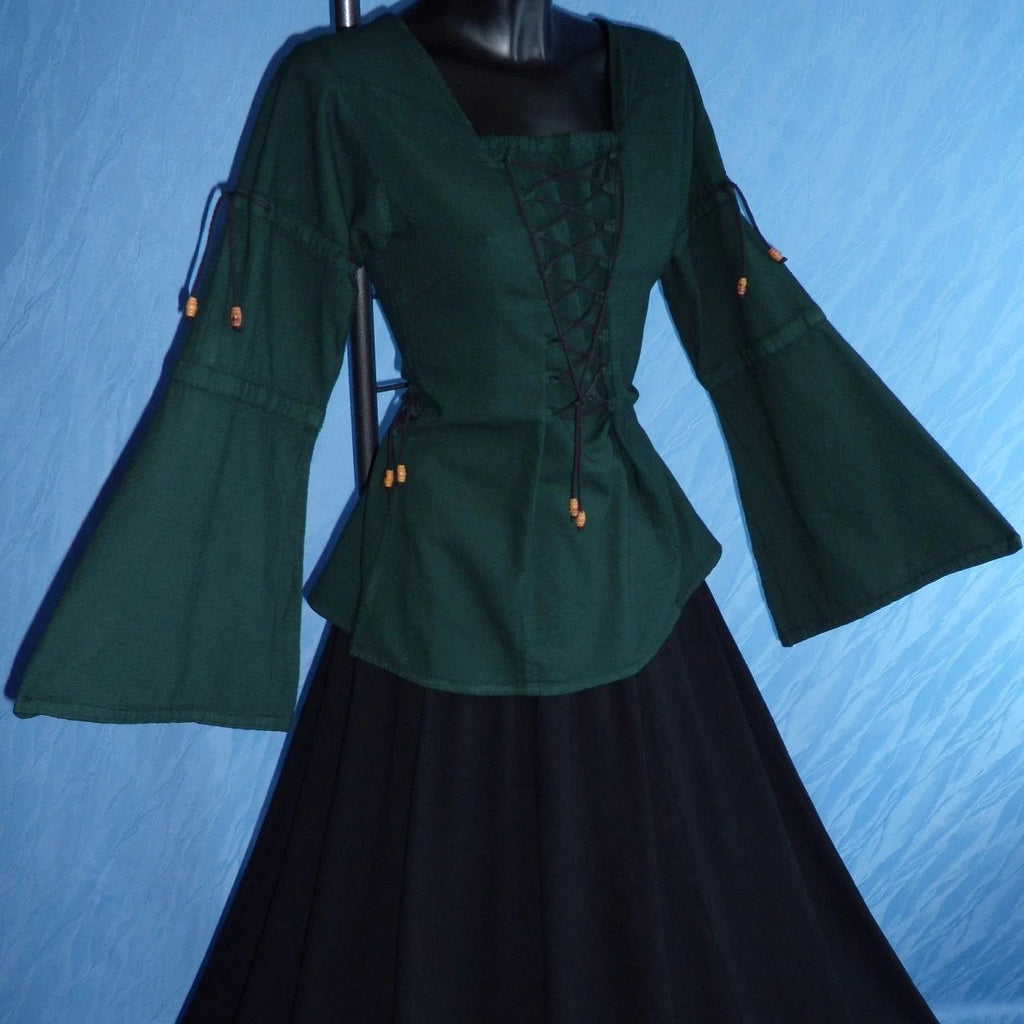 Long-sleeve Lace-up Blouse (Black, Natural, Red, Green, Blue) - 1220