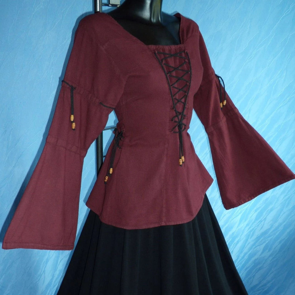 Long-sleeve Lace-up Blouse (Black, Natural, Red, Green, Blue) - 1220