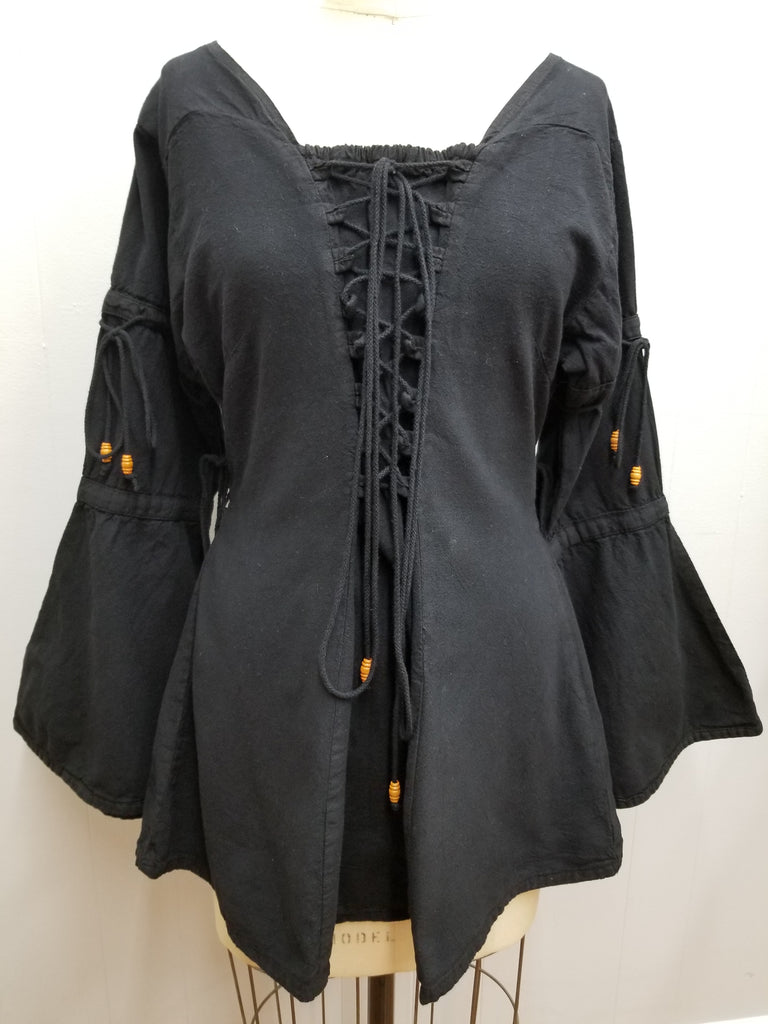 Long-sleeve Lace-up Blouse (Black, Natural, Red, Green, Blue) - 1220