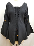 Long-sleeve Lace-up Blouse (Black, Natural, Red, Green, Blue) - 1220