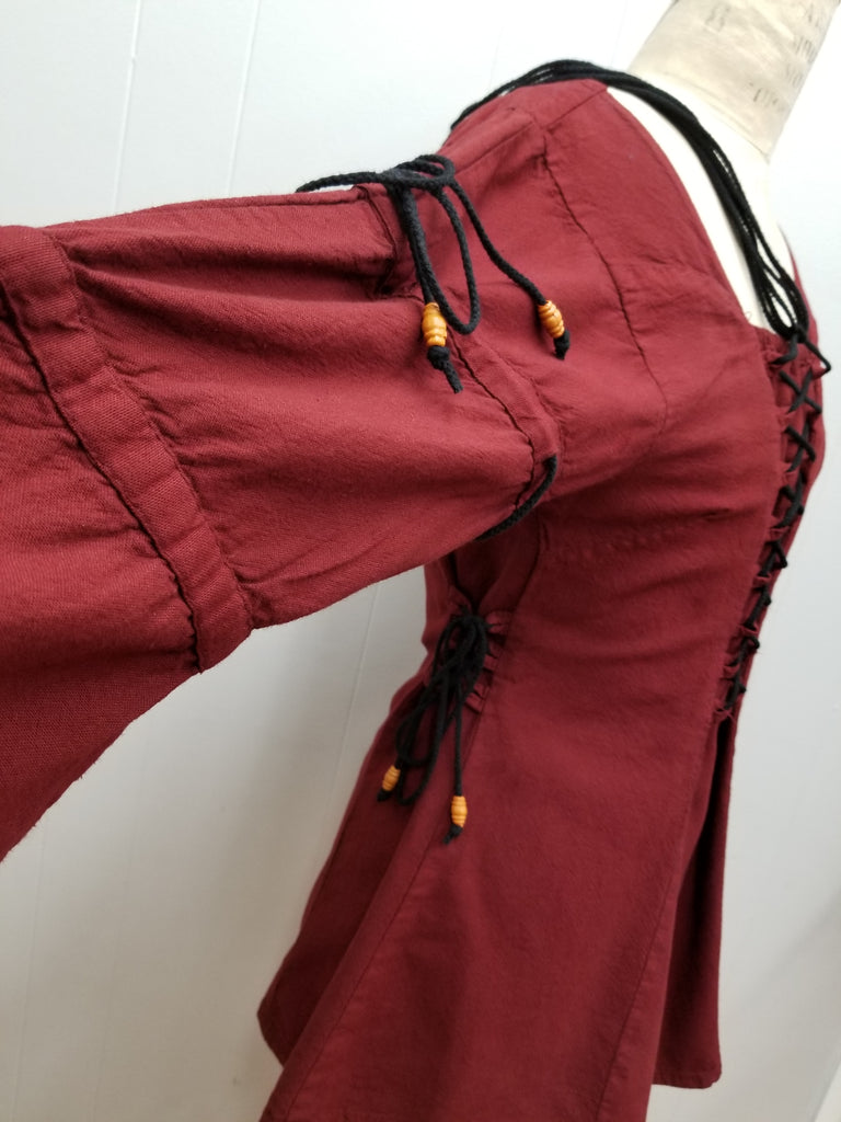 Long-sleeve Lace-up Blouse (Black, Natural, Red, Green, Blue) - 1220