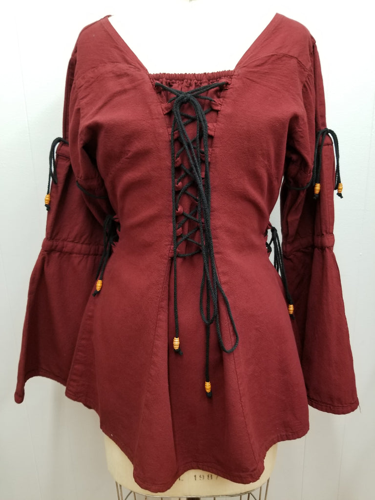 Long-sleeve Lace-up Blouse (Black, Natural, Red, Green, Blue) - 1220